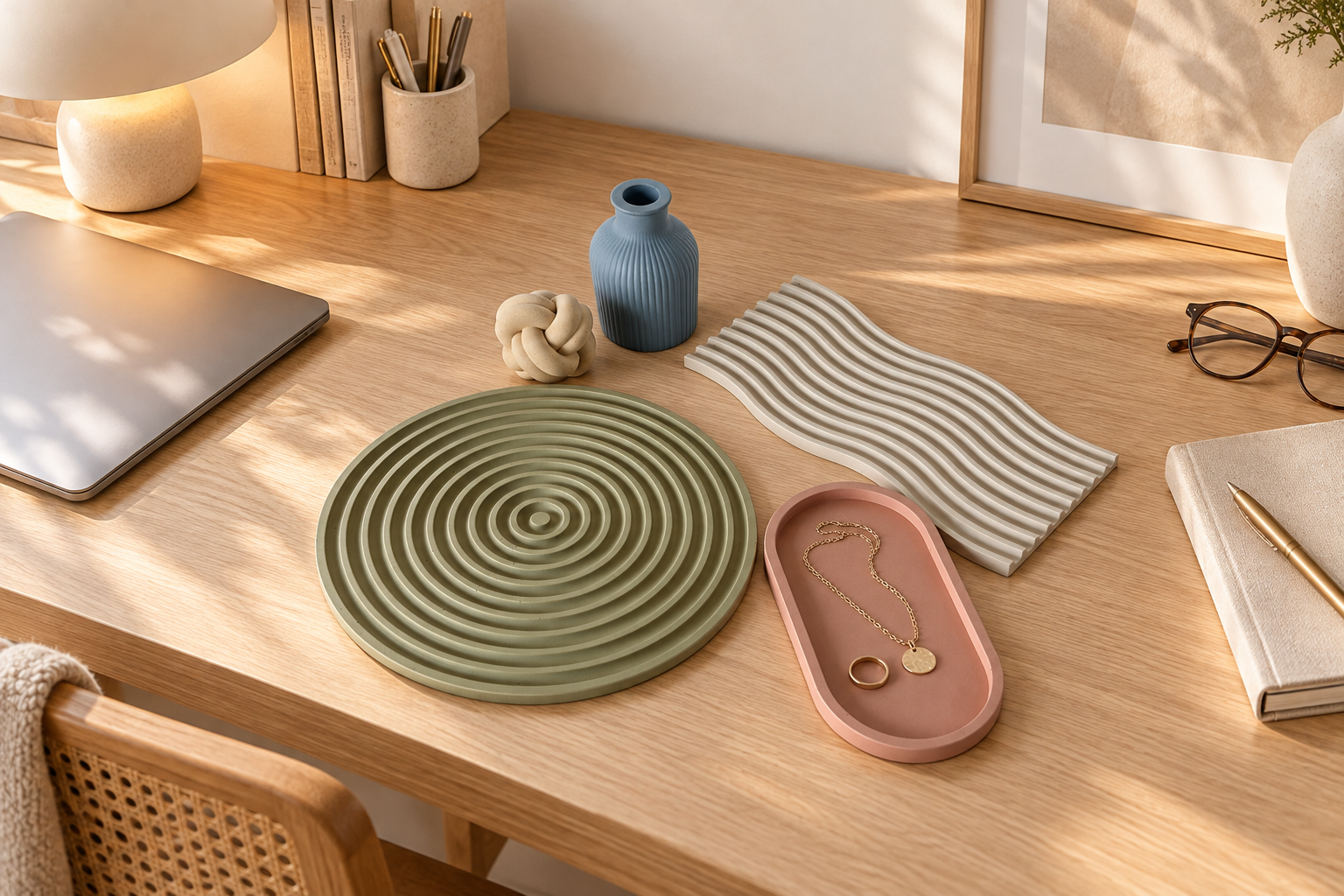 AI-styled desk concept based on the real five-piece Keenly collection, with laptop, notebook, lamp and jewelry