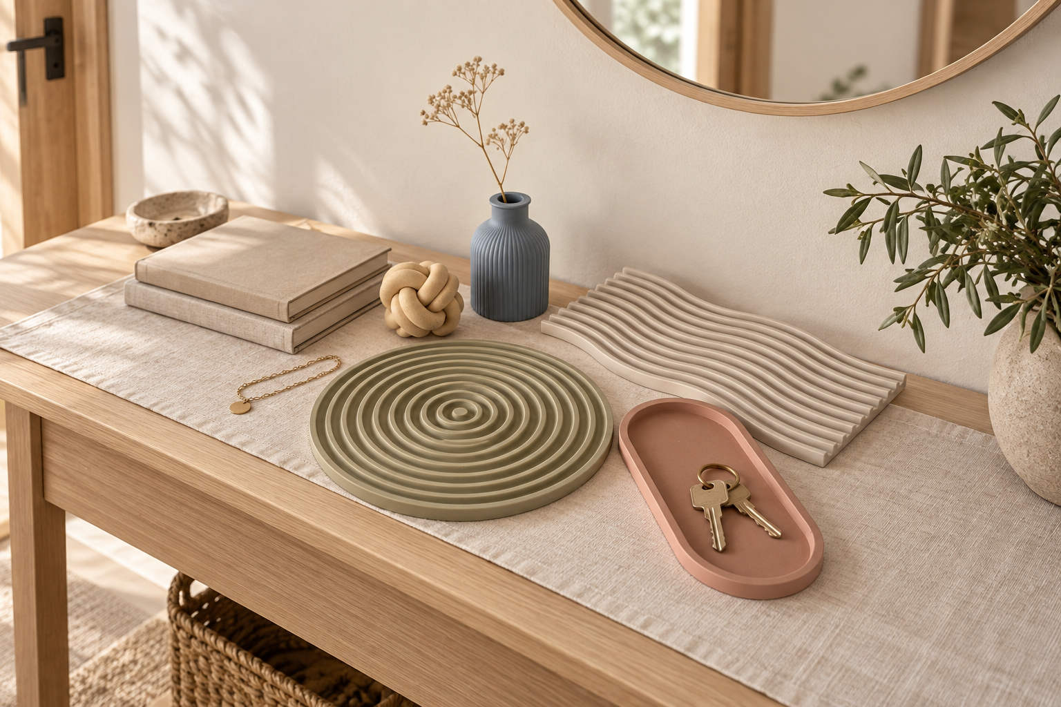 AI-styled entryway console concept based on the real five-piece Keenly collection, with keys, books, mirror and dried stem